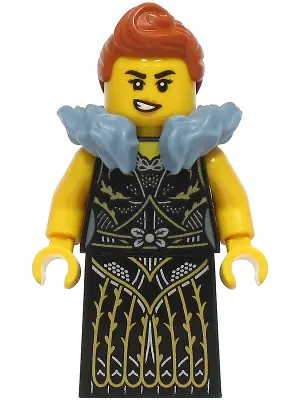 BDP220:  Queen - Black Dress with Gold and Silver Lines, Dark Orange Hair, Sand Blue Fur Collar