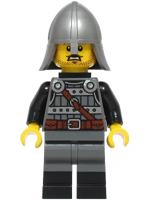 BDP222:  Knight - Male, Dark Bluish Gray and Silver Armor, Black Boots, Flat Silver Helmet with Neck Protector, Neck Bracket with Clip