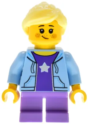 BDP226:  Antique Shop - Female Child, Bright Light Blue Hoodie over Dark Purple Shirt, Medium Lavender Short Legs, Bright Light Yellow Ponytail