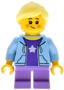 Minifigurka: BDP226:  Antique Shop - Female Child, Bright Light Blue Hoodie over Dark Purple Shirt, Medium Lavender Short Legs, Bright Light Yellow Ponytail