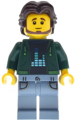BDP227:  Antique Shop - Male, Dark Green Hoodie, Sand Blue Legs with Pockets, Dark Brown Short Wavy Hair
