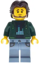 Minifigurka: BDP227:  Antique Shop - Male, Dark Green Hoodie, Sand Blue Legs with Pockets, Dark Brown Short Wavy Hair