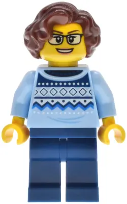 BDP228:  Antique Shop - Female, Bright Light Blue Knit Fair Isle Sweater, Dark Blue Legs, Reddish Brown Wavy Hair