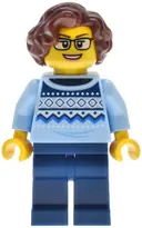 Minifigurka: BDP228:  Antique Shop - Female, Bright Light Blue Knit Fair Isle Sweater, Dark Blue Legs, Reddish Brown Wavy Hair