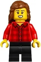 BDP229:  Vampire Castle Visitor - Female, Red Plaid Flannel Shirt, Black Medium Legs, Reddish Brown Hair