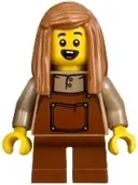 Minifigurka: BDP230:  Child - Girl, Reddish Brown Overalls and Short Legs, Medium Nougat Hair