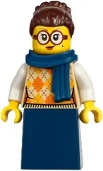 BDP232:  Vampire Castle Visitor - Female, Tan Knit Argyle Sweater Vest, Dark Blue Skirt, Dark Brown Hair, Dark Blue Scarf