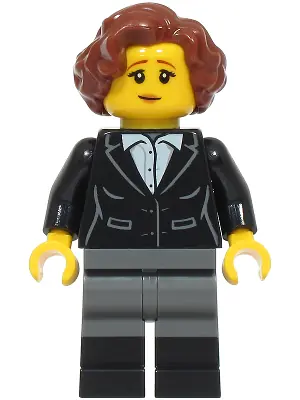 BDP234:  Vampire Castle Visitor - Female, Black Suit Jacket with White Button Up Shirt, Dark Bluish Gray Legs with Black Boots, Reddish Brown Hair