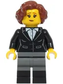 Minifigurka: BDP234:  Vampire Castle Visitor - Female, Black Suit Jacket with White Button Up Shirt, Dark Bluish Gray Legs with Black Boots, Reddish Brown Hair