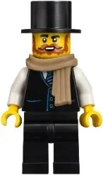 BDP238:  Vampire Castle Visitor - Male, Black Vest with Blue Striped Tie, Black Legs, Black Top Hat, Dark Tan Scarf