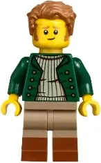 BDP239:  Vampire Castle Visitor - Male, Dark Green Open Jacket, Dark Tan Legs with Reddish Brown Boots, Medium Nougat Hair