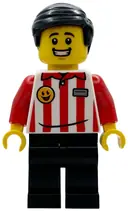 Minifigurka: BDP242:  Popcorn Wagon Vendor - Red and White Striped Shirt, Black Legs, Black Hair