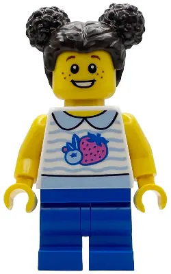 BDP243:  Popcorn Wagon Customer - Child, White Collared Shirt with Fruit, Blue Medium Legs, Dark Brown Hair