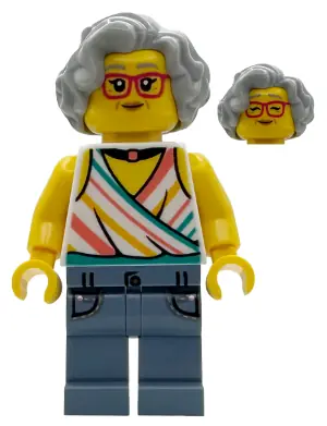 BDP244:  Popcorn Wagon Customer - Female, White Halter Top and Black Choker Necklace, Sand Blue Legs with Pockets, Light Bluish Gray Hair