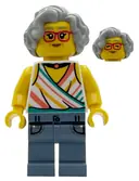 Minifigurka: BDP244:  Popcorn Wagon Customer - Female, White Halter Top and Black Choker Necklace, Sand Blue Legs with Pockets, Light Bluish Gray Hair
