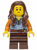 Minifigurka: BDP245:  Mushroom Village - Female, Sand Blue Vest, Dark Brown Medium Legs, Dark Brown Long Wavy Hair