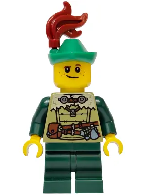 BDP248:  Mushroom Village - Male, Olive Green Tunic, Dark Green Medium Legs, Green Hat, Dark Red Plume