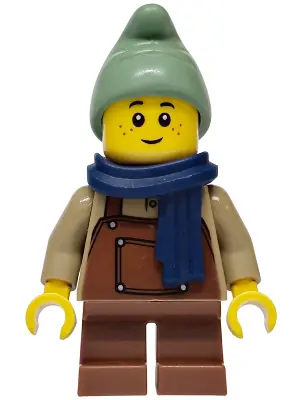 BDP249:  Mushroom Village - Gnome, Reddish Brown Overalls and Short Legs, Dark Blue Scarf, Sand Green Hat