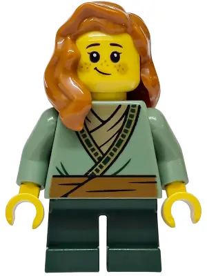 BDP250:  Mushroom Village - Female, Sand Green Tunic, Dark Green Short Legs, Dark Orange Hair