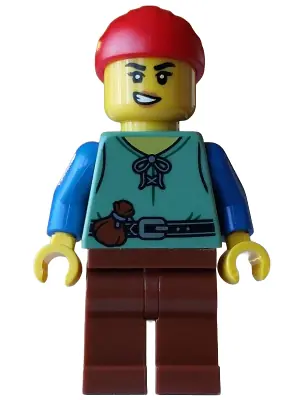 BDP257:  Pirate - Female, Sand Green Vest, Reddish Brown Legs, Red Bandana