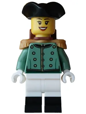 BDP262:  Imperial Soldier - Female, Sand Green Jacket Formal, White Legs with Black Boots, Reddish Brown Backpack, Black Tricorne Hat