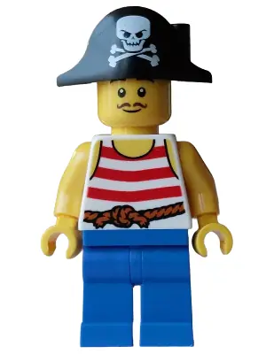 BDP263:  Pirate - Male, White Tank Top with Red Stripes, Blue Legs, Black Bicorne Hat with Skull and Crossbones