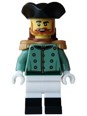 BDP264:  Imperial Soldier - Male, Sand Green Jacket Formal, White Legs with Black Boots, Reddish Brown Backpack, Black Tricorne Hat