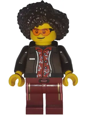 BDP265:  Art Factory Bassist - Female, Dark Brown Jacket over Red Hawaiian Shirt, Dark Red Legs with Coral and Gold Vertical Stripes, Dark Brown Hair