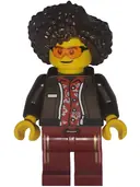 Minifigurka: BDP265:  Art Factory Bassist - Female, Dark Brown Jacket over Red Hawaiian Shirt, Dark Red Legs with Coral and Gold Vertical Stripes, Dark Brown Hair