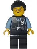 Minifigurka: BDP266:  Art Factory Security - Female, Black Safety Vest with Silver Star Badge Logo, Black Legs, Black Ponytail and Swept Sideways Fringe