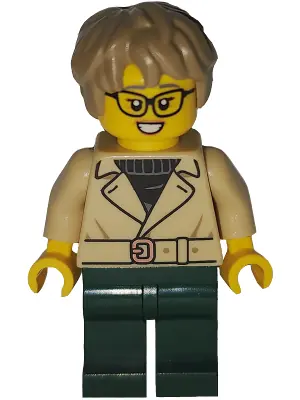 BDP267:  Art Factory Critic - Female, Tan Jacket Over Black Sweater, Dark Green Legs, Dark Tan Thick And Messy Hair