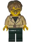Minifigurka: BDP267:  Art Factory Critic - Female, Tan Jacket Over Black Sweater, Dark Green Legs, Dark Tan Thick And Messy Hair
