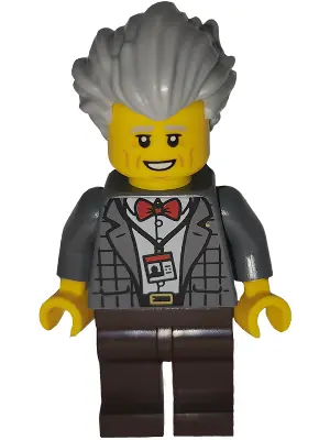 BDP268:  Art Factory Pianist - Male, Dark Bluish Gray Plaid Jacket with Red Bow Tie, Dark Brown Legs, Light Bluish Gray Bushy Hair Swept Back