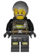 Minifigurka: BDP269:  Art Factory Maintenance Worker - Male, Black Jacket with Reflective Stripes, Dark Bluish Gray Legs with Knee Pads, Light Bluish Gray Combed Hair
