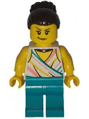 Minifigurka: BDP270:  Art Factory Ballerina Teacher - Female, White Halter Top and Black Choker Necklace, Dark Turquoise Legs, Dark Brown Hair with Large High Bun