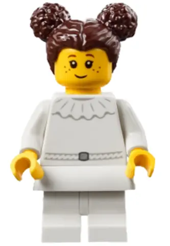 BDP271:  Art Factory Ballerina Student - Girl, White Dress with Ruffled Collar, White Medium Legs, Dark Brown Hair with Two Buns on Top, White Skirt