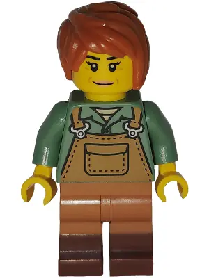 BDP272:  Art Factory Painter - Female, Medium Nougat Overalls over Sand Green Shirt, Medium Nougat Legs with Reddish Brown Boots, Dark Orange Tousled Hair
