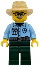 Minifigurka: BDP285:  Sequoia Tree Trail Ranger - Male, Bright Light Blue Uniform, Dark Green Legs, Tan Fedora, Rectangular Glasses