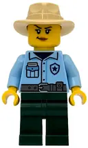 Minifigurka: BDP287:  Sequoia Tree Trail Ranger - Female, Bright Light Blue Uniform, Dark Green Legs, Tan Fedora