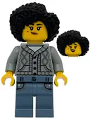 Minifigurka: BDP290:  Sequoia Tree Trail Tourist - Mother, Light Bluish Gray Cardigan Sweater, Sand Blue Legs with Pockets, Black Coiled Hair