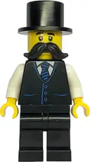 Minifigurka: BDP294:  Gold Mine Wagon Driver - Male, Black Vest with Blue Striped Tie, Black Legs, Black Top Hat, Large Moustache