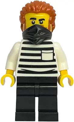 BDP295:  Gold Mine Prisoner - Male, White Shirt with Pocket and Black Stripes, Black Legs, Dark Orange Swept Back Hair with Ponytail, Black Bandana