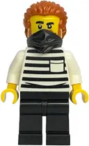 Minifigurka: BDP295:  Gold Mine Prisoner - Male, White Shirt with Pocket and Black Stripes, Black Legs, Dark Orange Swept Back Hair with Ponytail, Black Bandana