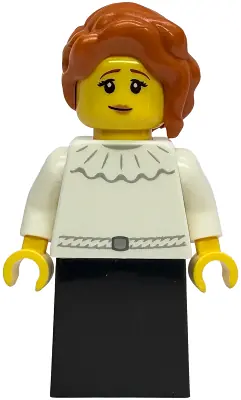 BDP296:  Gold Mine Lady - White Dress with Ruffled Collar, Black Lower Body Skirt, Dark Orange Hair with Braid