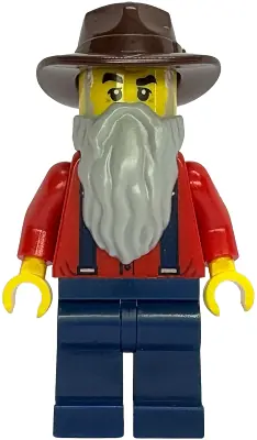 BDP298:  Gold Mine Prospector - Male, Red Shirt with Tan Tie, Dark Blue Legs, Dark Brown Fedora, Light Bluish Gray Beard
