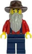 Minifigurka: BDP298:  Gold Mine Prospector - Male, Red Shirt with Tan Tie, Dark Blue Legs, Dark Brown Fedora, Light Bluish Gray Beard