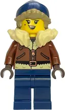 Minifigurka: BDP299:  Gold Mine Explorer - Female, Reddish Brown Coat, Tan Fur Collar, Dark Blue Legs and Beanie