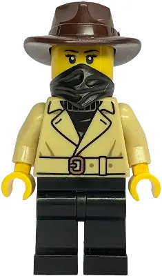 BDP300:  Gold Mine Bandit - Female, Tan Jacket Over Black Sweater, Black Legs, Dark Brown Fedora, Black Bandana