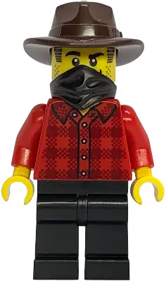 BDP301:  Gold Mine Bandit - Male, Red Plaid Flannel Shirt, Black Legs, Dark Brown Fedora, Black Bandana