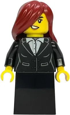 BDP302:  Gold Mine Bandit - Female, Black Suit Jacket with White Button Up Shirt, Black Lower Body Skirt, Dark Red Side Swept Hair
